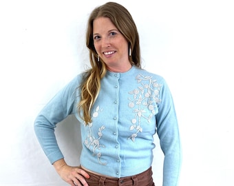 Lovely Vintage Millay 1960s 60s Angora Wool Beaded Blue Cardigan Sweater - Size 40