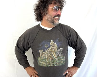 Vintage 80s 90s Wolf Howl Black Faded Sweatshirt