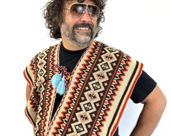 Vintage 1970s 70s Boho Woven Geometric Poncho Sweater