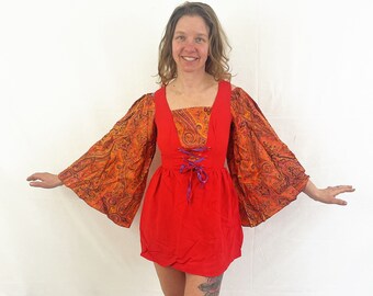 Vintage 1960s 70s Young Innocent By Arpeja Boho Belled Sleeve Psychedelic Gogo Go-go WOW Mini Dress - Size 7