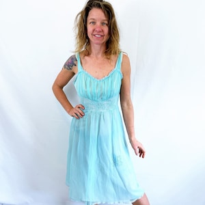 Vintage 1950s 50s Gotham Baby Blue Lingerie Slip Nightgown Nightie - Gold Stripe