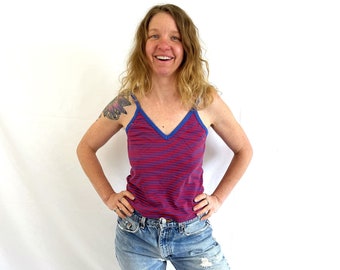 Vintage 1980s 80s Cute Summer Striped Blue Red Tank Top Shirt - Nordstrom, Point of View