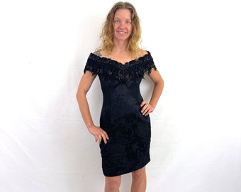 Vintage 1980s Black Sparkle Brocade Lace Party Dress - Scott McClintock