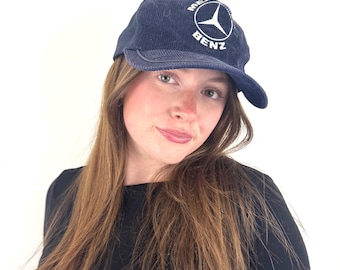 Vintage 80s 1980s Mercedes Benz Blue Corduroy Snapback Trucker Hat