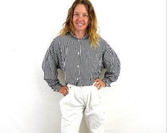 Vintage 1980s 80s Black White Cropped Boxy Striped Silk Top Shirt - Ann Taylor