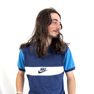 Vintage 1980-tals Nike Mesh blå t-shirt med ringmärke bild 1