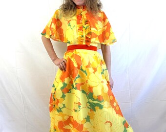 Vintage 1970s Floral Summer Maxi Halter Dress  with Attached Cape