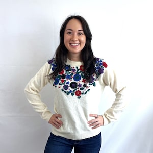 Vintage 80s Lambswool Angora Sweater - Floral Applique