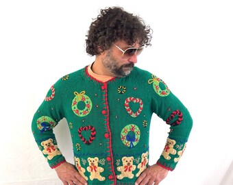 Vintage 1990s 90s Knit Teddy Bear Ho Ho Ho Wreath Green Holiday Christmas XMAS Sweater Cardigan