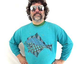Vintage 1990s 90s Art Painted Fish Sweatshirt - San Francisco City Lights