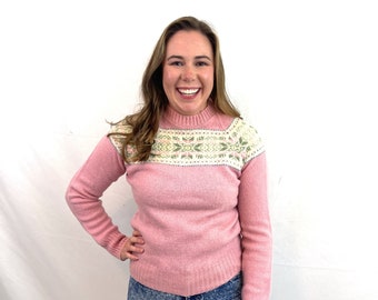 Vintage 80s 1980s Pink Country Winter Wool Sweater