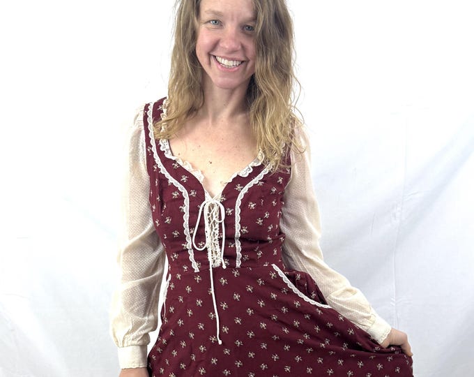 Vintage 1970s 70s Gunne Sax Red Peasant Calico Cottagecore Floral Dress ...