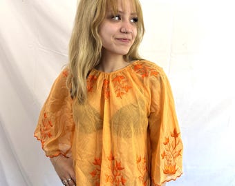 Vintage Embroidered Hippie Boho Flowy Orange Top Tunic