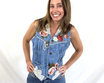 Vintage 1980s 80s Brittania Denim Vest - Flower and Lace Appliques