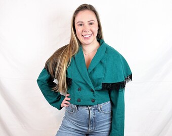 Vintage 80s Cristina Fringe Fitted Green Top Shirt Blouse