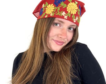 Vintage Bandana Red Embroidered Head Scarf Kerchief Hat