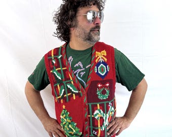 Vintage 1990s 90s Christmas Oversized Winter XMAS Knit Sweater Cardigan Vest - Jennifer Moore
