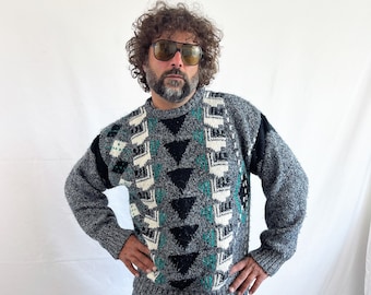 Vintage 80s 1980s Geometric Pullover Sweater - Concrete