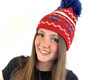 Vintage Winter Wolle gestrickte Ski Pom Pom Mütze