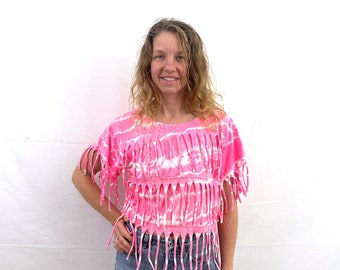 Vintage 1980s 80s Neon Pink Fringe Cropped Tee Shirt