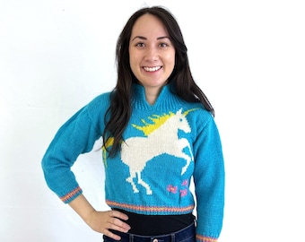 Vintage Handmade Unicorn Blue Horse Sweater