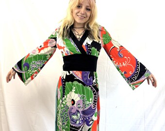 Vintage 1970s 70s Psychedelic Eastern Kimono Style Funky Maxi Dress Hostess Outfit - Missing Pants