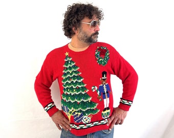 Vintage 90s 1990s 1994 Merry Christmas Holiday Santa Claus XMAS Knit Sweater - Maria Christina Classics