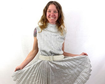 Vintage 1960s Silver Metallic Pleated Party Dress