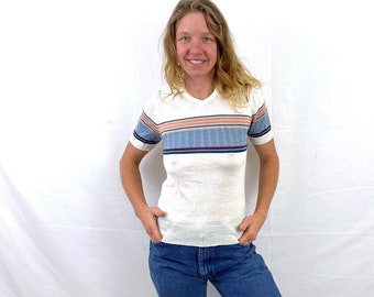 Vintage 1970s 70s Striped Tee Tshirt Shirt - Himalaya