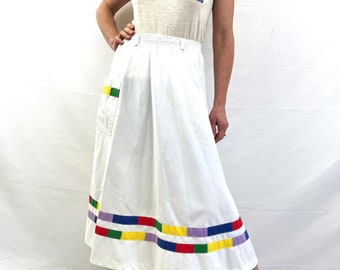Vintage Cute 1970s 80s White Skirt - Rainbow Trim - By David Smith