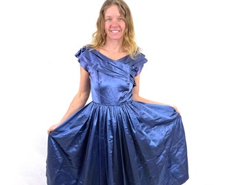 Vintage 1950s 50 Emma Domb Party Lines Blue Satin Dress