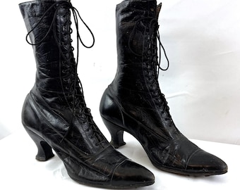Vintage Victorian Lace Up Tall 18 Eyelet Black Leather Boots Shoes - Friedman-Shelby - St. Louis