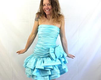 Super 1980s 80s Blue Ruched Giant Bow Ruffled Party Dress - Julie Duroche for After Five