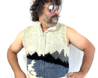 Vintage Cowichan Cardigan Wool Moon Lake Winter Sweater Vest - Longhouse