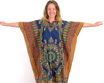 Vintage 70s Indian Cotton Gypsy Boho Hippie India Ethnic Festival Folk Tapestry Caftan Dress