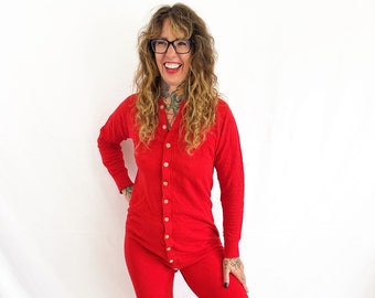 Vintage Rote Duofold Jammies Lange Unterhose - PJs Onesies mit Po Klappe