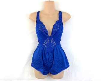 Vintage 1970s 80s Mini Blue Nylon Lingerie Onesie Teddy Slip Dress - Olga