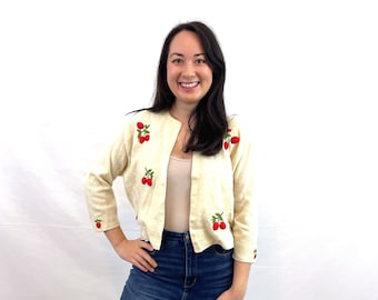 RARE Vintage 1950s 50s Strawberry Strawberries Cashmere Cardigan Sweater