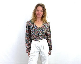 Vintage 1980s Polka Dot Floral Ruffled Top Blouse - By Notations