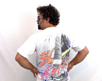 Rare 1980s 90s Vintage Hobie Surfer Neon Windsurfing Sailing Tee Shirt Tshirt - Made in Canada