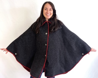 Toasty Warm Reversible Wool Gray Red Plaid Poncho