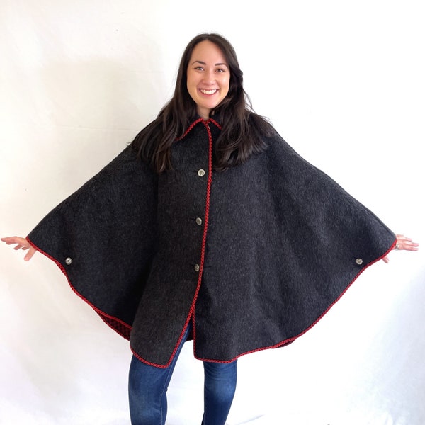 Toasty Warm Reversible Wool Gray Red Plaid Poncho