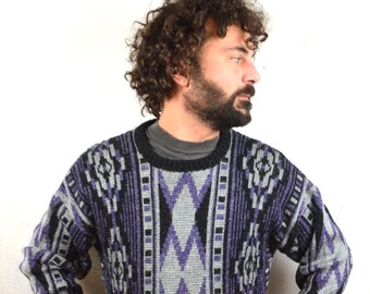 Vintage 80s 90s Geometric Purple Gray Black Southwest Pulllover Sweater