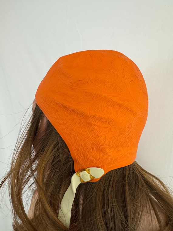 Vintage 50s 60s Sea Siren Orange Floral Swim Cap - image 3