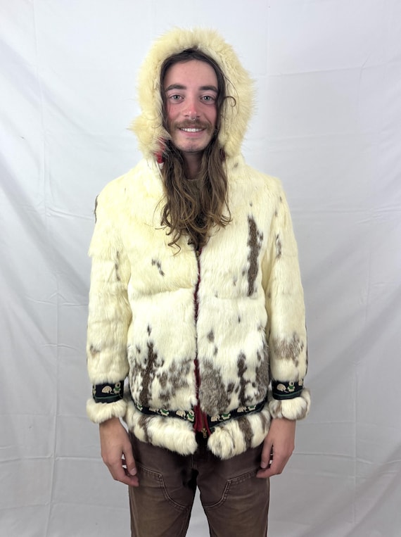Vintage 1950s 50s Real Rabbit Fur Hooded Winter Quilted Coat
