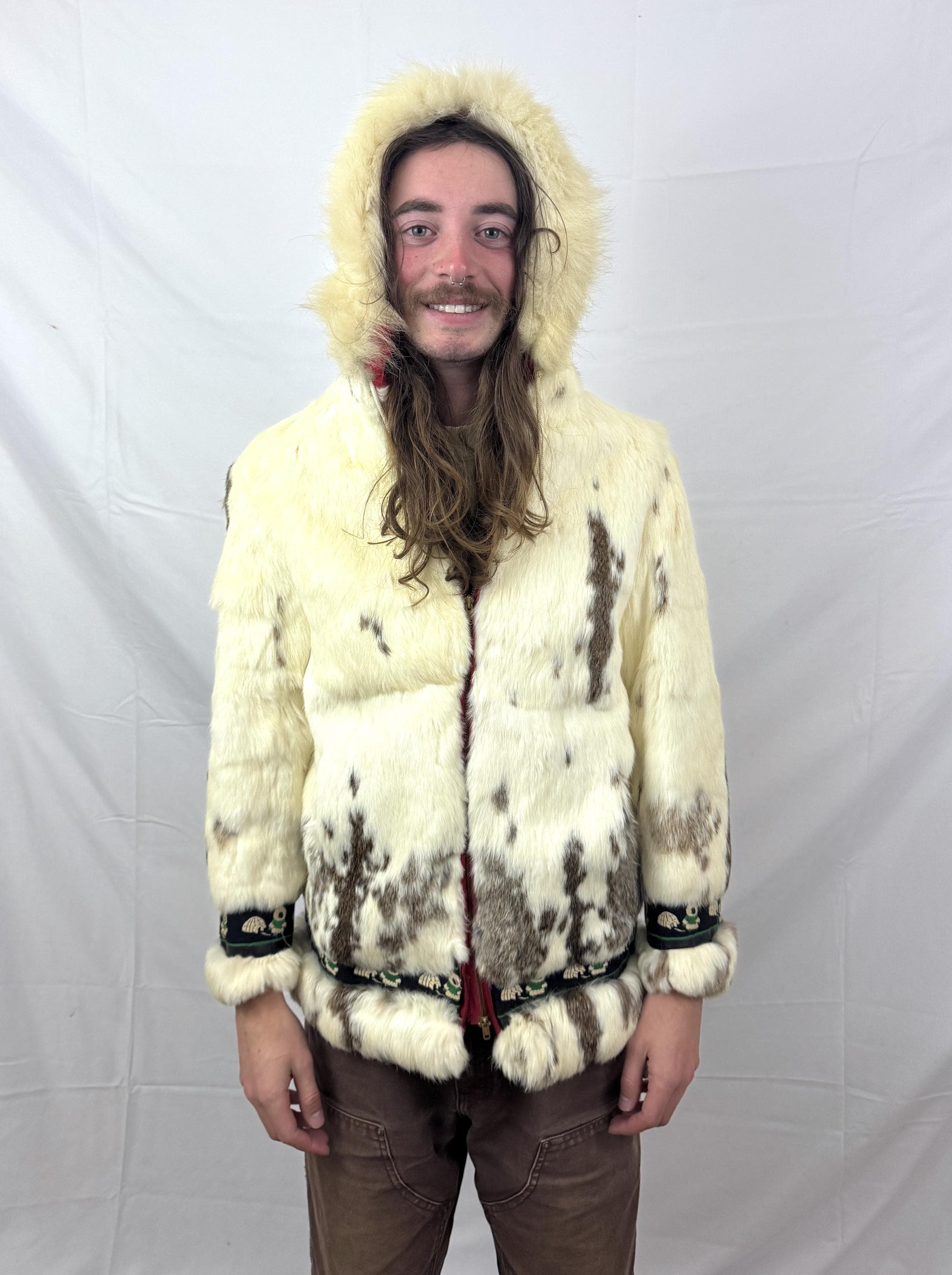 Vintage 1950s 50s Real Rabbit Fur Hooded Winter Quilted Coat