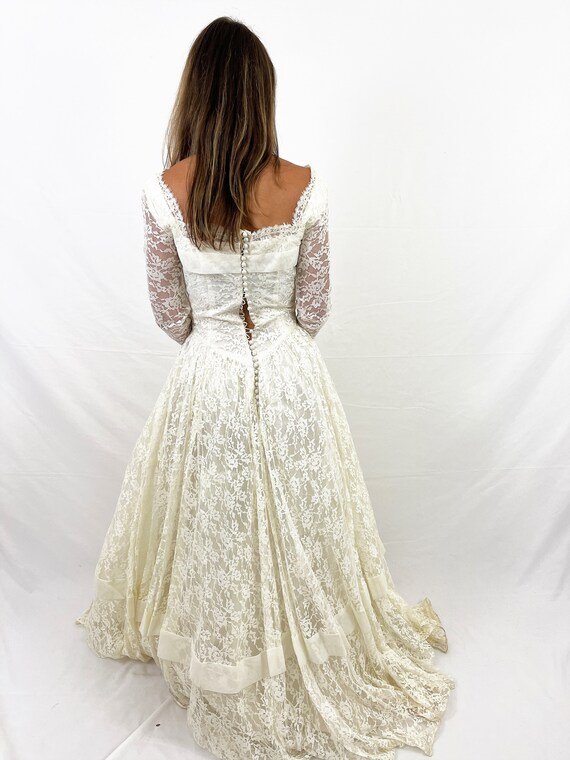 Vintage 1950s Ivory Gold Lace Princess Gown