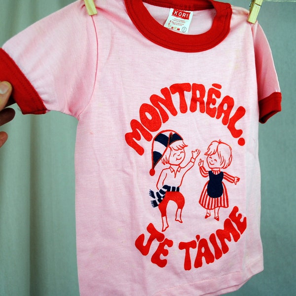 KIDS SIZE Vintage 80s Montreal Quebec Canada Pink Tee Shirt