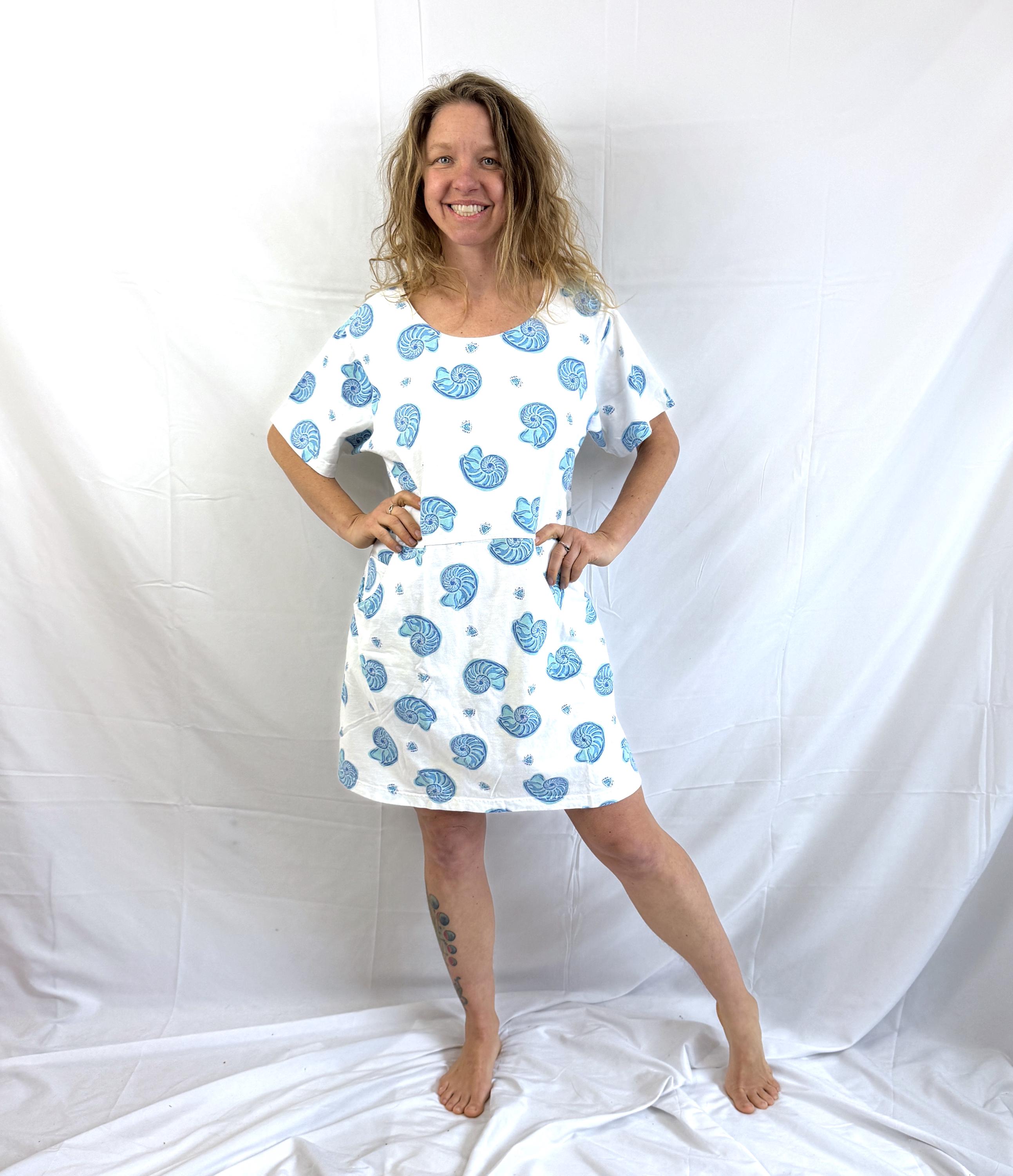 Vintage 90s 1990s Shell Seashell Print Cotton Summer Dress
