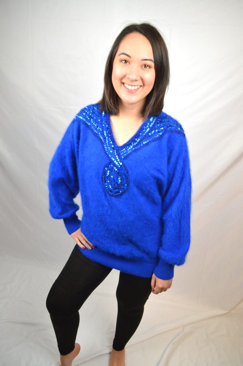 Vintage 80s Angora Beaded Sequin Blue Oversized Sweater Top